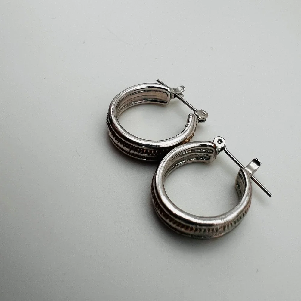 Two Tone Silver Gold Hoop Earrings Small C Hoop Lever Back Mixed Metal